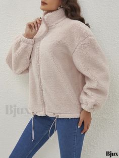 Bjux - Chic Drawstring Teddy Fall & Winter Jacket with Zip Up Long Sleeves, Stylish Womens Outerwear Womens Outerwear, Fall Winter Jacket, Outerwear Women, Types Of Collars, Stand Collar, Types Of Printing, Collar Styles, Zip Ups, Winter Jackets