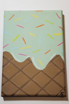 Acrylic ice cream painting on a canvas Easy Things To Paint Acrylics, Things To Paint Mini Canvas, Cute Paint Ideas Easy, Easy Ice Cream Painting, Acrylic Painting Ice Cream, Ice Cream Cone Painting Acrylic, Cute Fun Painting Ideas, Canvas Ideas Aesthetic Easy, Ice Cream Painting On Canvas