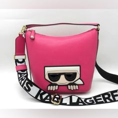 Karl Lagerfeld Paris Maybelle Hobo Two Way Crossbody Bag Purse Nwt Color: Fuchsia / Pink Pink Leather Bag With Logo, Pink Shoulder Bag With Logo, Pink Bag With Single Shoulder Strap, Pink Top Handle Bag With Logo, Designer Pink Shoulder Bag With Logo, Designer Pink Bag With Logo, Trendy Pink Shoulder Bag With Logo, Pink Logo Shoulder Bag, Bucket Shoulder Bag With Logo