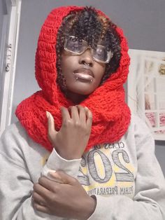 it's an adult size and  wraps around the neck about 2 to 3 times (3 Times for the model).  it also doubles as a little hood  width 14 inches  length 94.5 inches Cozy Red Scarves For Winter, Red Scarves For Winter Cold Weather, Red Winter Scarves For Cold Weather, Casual One Size Infinity Scarf For Winter, Casual One-size Infinity Scarf For Winter, Casual Red Scarf For Cold Weather, Casual Winter Headwrap One Size, Casual Winter Headwrap One Size Fits Most, Red Hand Knitted Scarves One Size