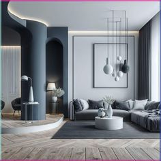 a modern living room with grey and white decor