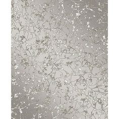 an artistic silver and white wallpaper with flowers on the top, in front of a gray background