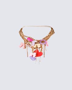 C*ntify any look with this charm chain necklace 💋 With a gold chain, multiple charms, adjustable straps, and a choker style - this is the perfect accessory for our baddies who like to make a statement 👏 Maximalist Accessories, Marni Jewelry, Bra Art, Vanilla Body Butter, Chain Bra, Betsey Johnson Necklace, Charm Chain, Choker Style, Jewelry Lookbook