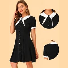 If you are looking for a unique and dainty dress, you will like this piece. The casual, elegant look of this pretty dress will keep you looking good all the time. Paired with your heels for vintage style. Suitable for summer and for many occasions, such as casual, work, business, casual and so on. Dainty Dress, Vintage Shirt Dress, Peter Pan Collar Dress, Midi Slip Dress, Flare Mini Dress, Contrast Collar, Women Midi, Mini Shirt Dress, Short Sleeve Dress