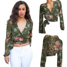 Women's Floral Print Chiffon Tie Wrap Around Crop Top A Sleek Top Is An Absolute Essential For Endlessly Chic Styling Options. From Workdays To Weekends, This Tailored Piece Delivers Polished Appeal With A Touch Of Modern Edge. 100% Polyester Fabric Chiffon Made In Usa True To Size Quality Guaranteed Chiffon Beach Blouse For Fall, Trendy Chiffon Tops For Vacation, Spring Chiffon V-neck Blouse, Floral Print Chiffon Tops For Brunch, Chic Chiffon Top With Floral Print, Floral Print Chiffon Tops For Day Out, Green Chiffon Tops For Summer, Chiffon Floral Print Tops For Day Out, Green Chiffon Summer Top