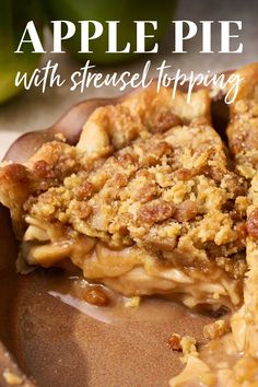 apple pie with streusel topping on a plate