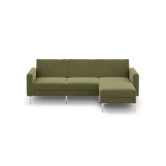 a green couch sitting on top of a white floor