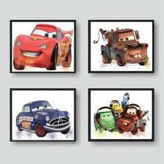 four different pictures of cars and trucks in black frames on a gray wall with white background