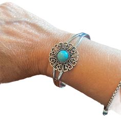 Antiqued Silver Tone Cuff Bracelet. Beautiful Boho Style Bracelet With Faux Turquoise Center. Bracelet Slips On And Can Be Adjusted. Width Is Approx 2.5 In A Beauty! Nwot! Blue Nickel-free Bangle Cuff Bracelet, Adjustable Nickel-free Blue Cuff Bracelet, Bohemian Blue Sterling Silver Bangle, Boho Style Bracelets, Turquoise Bracelet Cuff, Turquoise Cuff, Silver Blue, Silver Turquoise, Womens Jewelry Bracelets