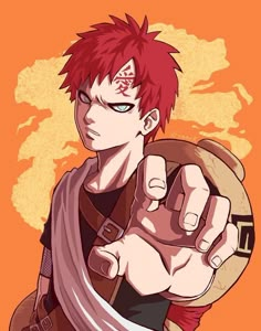 an anime character with red hair pointing at the camera and holding his hand up in front of him