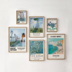 there are many pictures on the wall with words above them that say monet and van gogh