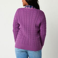 Add unique texture and vibrant color to your cold-weather wardrobe with this St. John's Bay women's tall cable-knit sweater made from a soft cotton blend. It has a classic crew neckline, long sleeves and ribbed trims. Stock up on different colors and pair yours with pants or jeans.Features: EssentialsClosure Type: Pullover HeadFit: Regular FitNeckline: Crew NeckSleeve Length: Long SleeveSleeve Style: Fitted SleeveApparel Length: 26.5 Inches - Front, 26 Inches - BackFiber Content: 88% Cotton, 12… Long Sleeve Purple Cable Knit Cardigan, Purple Long Sleeve Cable Knit Cardigan, Casual Purple Cable Knit Cardigan, Casual Purple Cable Knit Sweater, Purple Cable Knit Top For Fall, Tall Sweater, Large Sweaters, Small Sweater, Long Sleeve Pullover Sweater