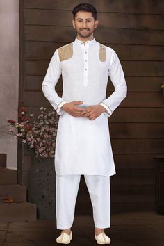 Buy Men's Blended Cotton Solid Pathani Set in White Online Casual White Fitted Kurta, Festive White Linen Sets, White Linen Festive Sets, White Linen Fitted Kurta, White Fitted Linen Kurta, White Linen Eid Sets, Casual White Linen Kurta, Traditional White Linen Sets, White Linen Sets For Eid