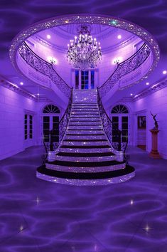 a purple room with stairs and chandelier in the center, lit up by lights