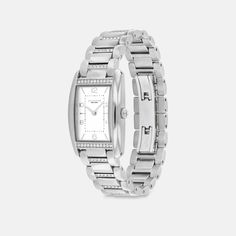 A distinctive stately design the minimalist Reese watch is an elevated choice for everyday. Sparkling with crystals this stainless steel bracelet design features a satin dial detailed with a mix of numerical and stick markers. It’s accented with our Signature on the clasp for a heritage touch. | Coach Reese Watch, 24 Mm X 35 Mm - Women's - Stainless Steel Timeless Diamond Watch With Rectangular Metal Dial, Silver Watch With Metal Dial For Work, Silver Diamond Watch With Palladium Hardware, Elegant Diamond Watch With Rectangular Stainless Steel Dial, Luxury Stainless Steel Watches For Everyday, Coach Watches With Diamond Hour Markers And Round Dial, Coach Watch With Diamond Hour Markers, Elegant Stainless Steel Diamond Watch, Luxury Coach Watches With Polished Finish