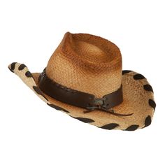 Raffia Leatherette Cowboy HatMade of 100% raffia straw.One size fits most for ladies, fitting up to 57 cm.Fitted with an inner elastic tie band.Adult/Woman.Crown measures 5 inches high.Brim measures 3 1/2 inches long.Hand wash only.Imported. Western Urban style woman's raffia cowboy hat with hatband.Pinched tear-shaped top crown.Crown is accentuated with a metal detailed leatherette hatband.Side brim is naturally upturned, wired brim.Woven ribbon trim along the edge of brim.Our raffia cowboy hat Adjustable Flat Brim Straw Hat For Country Events, Adjustable Fit Flat Brim Straw Hat For Country Events, Adjustable Fit Brown Hat For Country Events, Fitted Brown Straw Hat For Vacation, Adjustable Brimmed Straw Hat For Country Events, Brown Straw Hat With Short Brim, Brown Braided Panama Hat With Short Brim, Fitted Brown Sun Hat For Vacation, Short Brim Brown Straw Hat