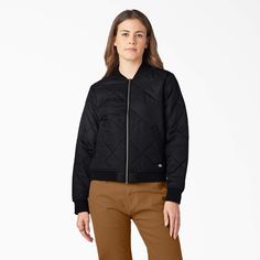 Recreate a classic look at work or on the weekend with Dickies Women's Bomber Jacket. A great lightweight layering piece, this bomber features a nylon taffeta construction with a polyester fill and jersey lining for comfort and warmth. You're covered in wet conditions as well with a durable water repellent coating and a rib knit collar, cuff and waist to keep the elements out. Front welt pockets offer easy access to warm your hands or grab your keys. With the Dickies logo located under the left Urban Nylon Outerwear For Work, Casual Nylon Quilted Jacket For Work, Dickies Women, Knit Collar, Outerwear Women, Welt Pockets, Signature Style, Outerwear Jackets, Classic Looks