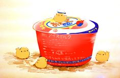 three little chicks are standing in front of a red bucket