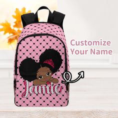 👩👩Back to School Gifts👩👩 Featuring a unique design, this backpack stands out from the crowd and will surely make your kids feel special. The vibrant pattern beautifully accents the personalized name of your child, making sure everyone knows it's theirs! Comfortably padded straps ensure that your kids don't have to worry about carrying a heavy bag, while a convenient front pocket provides quick access to small items. Whether they're headed off to school, daycare, or on an adventure, this back Cute Black Backpack For Students, Cute Black Student Backpack, Customizable Pink Backpack For Students, Cute Black Backpack For Back To School, Customizable Black Backpack For Everyday Use, Pink Backpack Gift For End Of School Year, Pink Backpack For End Of School Year Gift, Customizable Black Travel Backpack, Customizable Backpack For Daily Use And Back To School