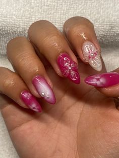 Nail art, nail trends, 3D Nails, aura Aura Nails 3d Flower, Aura Nails With 3d Design, Pink Nails With 3d Design, Gel X Nail Designs 3d, Nail Inspo 3d Art, Tropical Nails Coffin, Flower Aura Nails, Colorful 3d Nails, Gel Flower Nail Designs 3d