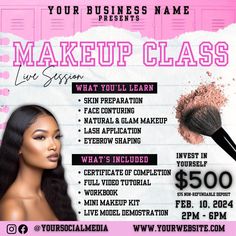 Editable flyer in canva great for makeup artist , or any one in the beauty industry interested in hosting classes Makeup Class Flyer, Course Flyer, Makeup Masterclass, Natural Glam Makeup, Makeup Training, Makeup Course, Makeup Class, Mini Makeup, Natural Glam