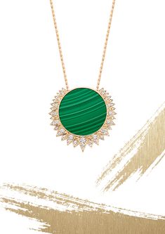 Piaget Sunlight Malachite Pendant Piaget Sunlight pendant in 18K rose gold set with a malachite (approx. 26.77 cts) and 49 brilliant-cut diamonds (approx. 1.65 ct). Delicate triangular motifs set around a circular green malachite evoke the dazzling rays of the sun, intensified by the fire of brilliant-cut diamonds set on the rose gold sunbeam. #PiagetSunlight #CatchTheSun #TheSunCatcher Piaget Rose, Jewellery Magazine, Piaget Jewelry, Luxury Jewelry Store, Accessories 2020, Fine Pearl Jewelry, Jewelry Photography Styling, Jewelry Magazine, Rays Of The Sun