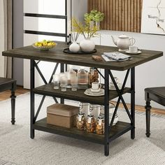 a kitchen table with two shelves on each side and coffee mugs on the top