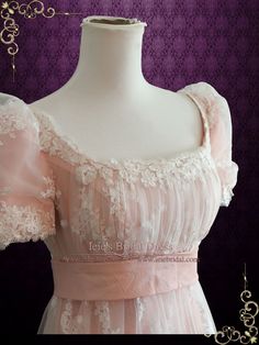 Beautiful lace overlay wedding dress inspired by the regency era. Can also be used as a formal dress for regency ball or special occasion. Photoed in Pink, other colors can be ordered. Working Time: 8-10 weeks Rush Order please inquire prior to order. Custom Designs We specialize in custom design services. If there's a dress you like and it's not on our website, you're more than welcome to email us a picture of the dress for a quote. info@ieieshop.com HAVE QUESTIONS? DROP US A MESSAGE! Other Reg Regency Era Fashion Gowns, 1813 Dress, Regency Inspired Fashion, 1890s Ball Gown, Regency Era Dresses, Empire Waist Ball Gown, Regency Wedding Dress, Regency Ball Gown, Lace Overlay Wedding Dress