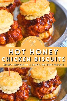 hot honey chicken biscuits on a plate with text overlay that reads, hot honey chicken biscuits