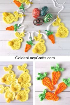 crocheted easter chicks and carrots are featured in this collage with text that reads, golden lucky crafts