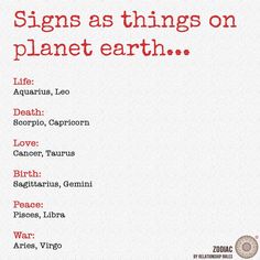 a poster with the words signs as things on planet earth written in red and white