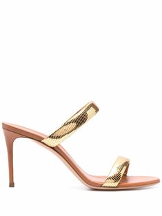 camel brown/gold leather metallic effect strap detailing open toe open back slip-on style branded heel counter high heel On Logo, Sandals Brands, Gold Leather, Mule Clogs, Mules Shoes, Women's Sandals, Brown Gold, Flip Flop Sandals, Mule