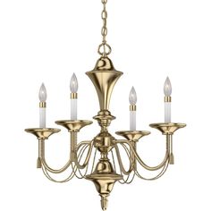 a gold chandelier with five lights hanging from it's center and four arms