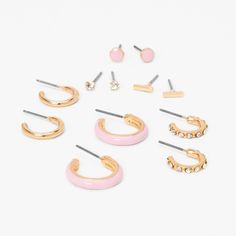 Variety is the spice of life and you're sure to love this collection of hoop and stud earrings in pink, gold-tone, and faux crystal embellished styles. With six designs to choose from, you'll always have the perfect pair for any outfit. Pack Size: 6 Finish: Gold-tone Closure: Post back Material: Metal - Claire's Gold Hoop & Stud Earrings - Pink, 6 Pack Cute Preppy Earrings, Claires Earrings Claire's, Pink Small Hoop Earrings In Metal, Pink Small Hoop Metal Earrings, Small Hoop Pink Metal Earrings, Pink Small Hoop Metal Jewelry, Pink Hoop Metal Jewelry, Claire’s Earrings, Walmart Earrings