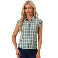 Look no further than this stylish short-sleeved plaid button-down shirt. The relaxed fit and turned-up sleeves make it a perfect choice for casual weekend outings, while the point collar and button closure front give it a touch of sophistication for more formal occasions. The plaid print and buttoned sides add a fun, playful element to this versatile piece. Whether you're running errands, meeting friends, or attending a party or church service, this shirt is sure to become a go-to favorite. Pair Summer Plaid, Tops Short Sleeve, Summer Cardigan, Casual Summer Shorts, Floral Print Blouses, Plaid Shorts, Woven Top, Plaid Tops, Women's Shirts