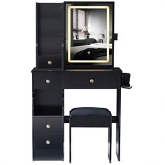 a black vanity with a mirror and stool in front of it on a white background