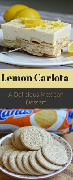 lemon caroba dessert on a white plate next to some cookies and lemons