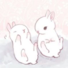 two rabbits sitting next to each other in front of a pink and white floral background