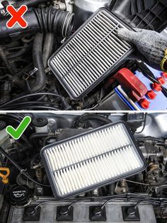 two pictures showing the engine and air filter