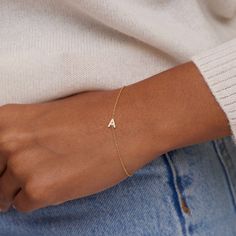 Exclusively ours, the Diamond Mini Uppercase Letter Bracelet is our newest addition to our letter collection! Handcrafted in 18-karat gold and set with shimmering pave diamonds, the mini initial is fixed on a delicate link chain. The perfect, personal gift for yourself, your mom, your BFF, or anyone on your list! 6.5" inch, 14-karat link chain Letter measures approximately 0.25" Lobster clasp Exclusively available on jennifermeyer.com or in our boutique! Made with love in Los Angeles Complimenta Bracelet With Letters Gold, Diamond Letter Bracelet, J Bracelet, Bracelet With Initials, Permanent Bracelet, Initials Bracelet, Letter Collection, Chain Letter, Push Presents