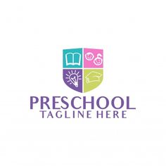 the logo for preschool tagline here, which is designed to look like a shield