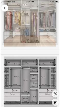 an image of a closet with clothes on the shelves and measurements for each section in it