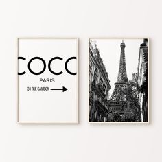 two black and white posters with the eiffel tower in paris, france on them