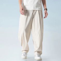 Wiaofellas - Chinese Traditional Clothing Loose Plus Size Tai Chi Kung Fu Wide Leg Pants Linen Oversized Casual Trousers Men Clothing Casual Oversized Solid Color Pants, Casual Wide Leg Straight Pants, White Baggy Casual Harem Pants, Baggy Beige Pants With Solid Color, Beige Baggy Pants With Solid Color, Baggy Plain Pants For Spring, Baggy Solid Color Casual Harem Pants, Casual Baggy Harem Pants Solid Color, Casual Oversized Tapered Leg Pants