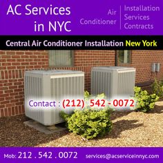 two air conditioners sitting next to each other in front of a brick building with the words central air conditioner installation new york