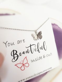 "Butterfly Necklace. Silver Butterfly Pendant. Insect Lover Gift. Dainty Necklace Minimal. Meaningful Inspirational Gift. Flower Girl Jewelry ♥ You are Beautiful Inside and Out ♥ This beautiful butterfly necklace features a butterfly-shaped charm, that comes in gold or silver. The details of the design are just perfect, and bring forward a design that you will love. This minimal beautiful necklace makes for a charming gift that any lady in your life will love. Finished with a 16K gold plated cov Meaningful Charm Necklace Gift, Butterfly Necklaces For Birthday And Mother's Day, Butterfly Necklace For Birthday And Mother's Day, Butterfly Charm Jewelry For Birthday, Silver Butterfly Necklace For Birthday, Inspirational Hypoallergenic Necklace For Gifts, Personalized Butterfly Necklaces For Mother's Day, Personalized Butterfly Necklace For Mother's Day, Cute Butterfly Necklace For Gift