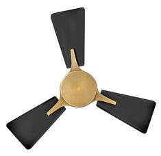 a black and gold ceiling fan on a white background with three blades in the middle