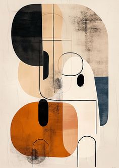 an abstract painting with black, orange and white shapes on it's face in neutral tones