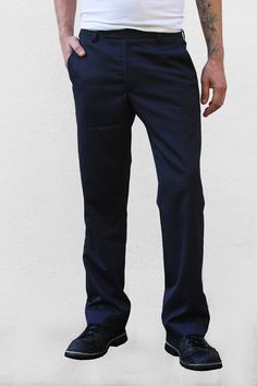 Blue suit pants, bootcut. Dark blue slacks, casual, for men. Silver grey flowing polycotton. Mens smart casual trousers. Classic suit pants fitting, flat front, bootcut. Two western pockets in front. Two rear welt pocket. Belt lining with stripes & flowers pattern printed cotton. Three points fastening : one visible button, invisible hook and button. Zip fly. Invisible hem closed by hand. S : waist circumference : 31½'- 80 cm, leg length : 39' - 99 cm M : waist circumference : 33½'- 85 cm, l Casual Cotton Chinos For Semi-formal Occasions, Casual Semi-formal Straight Leg Pants, Tailored Full Length Chinos For Workwear, Business Slim Fit Wide Leg Pants, Business Wide Leg Slim Fit Pants, Solid Full Length Work Pants For Business Casual, Cotton Chinos For Business Casual, Full Length, Solid Full-length Chinos For Work, Business Fitted Wide Leg Chinos