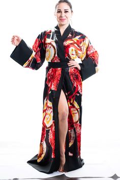 long kimono dressing gown ellectives Black Silk Kimono For Summer, Black Silk Summer Kimono, Black Silk Evening Kimono, Summer Black Silk Kimono, Black Open Front Evening Kimono, Black Floral Print Wrap Kimono, Black Silk Long Sleeve Robe, Elegant Black Summer Robe, Black Silk Kimono For Spring